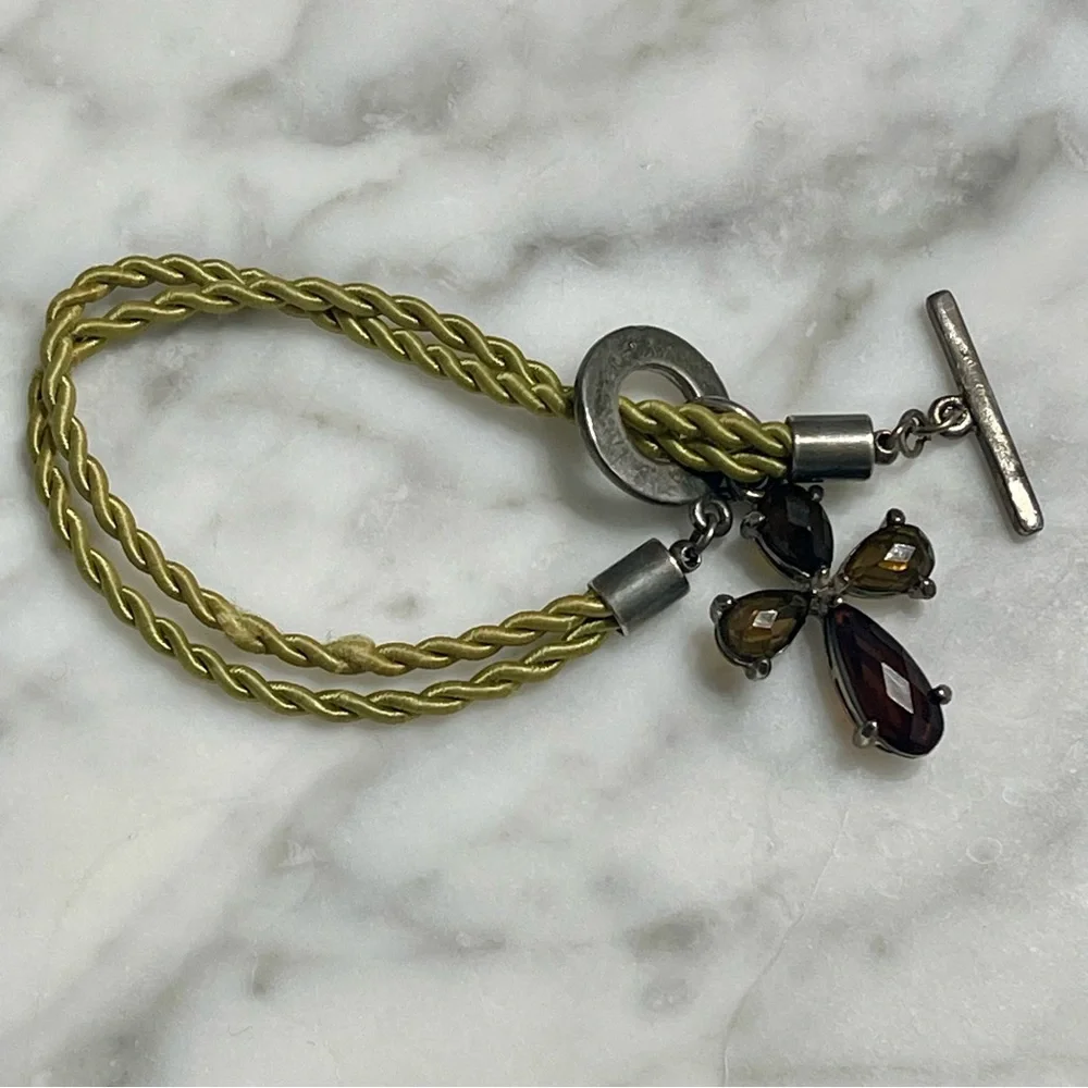 Smoky Topaz Cross Bracelet w/twisted green silk cord & .925 silver toggle clasp - Picture 2 of 8